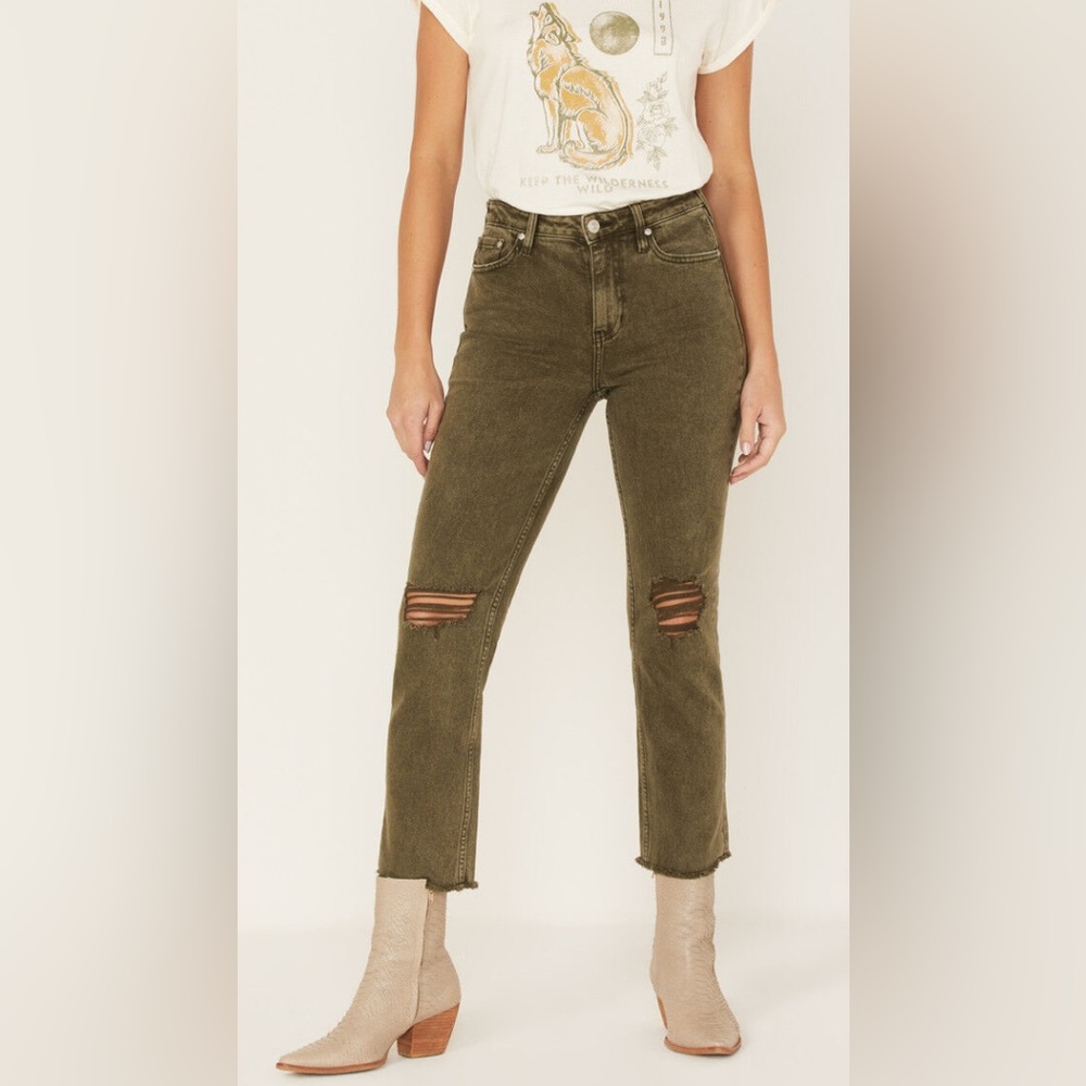 Cleo & Wolf Olive Green Grey Tint High Rise Straight Ankle Jeans Size‎ 27
